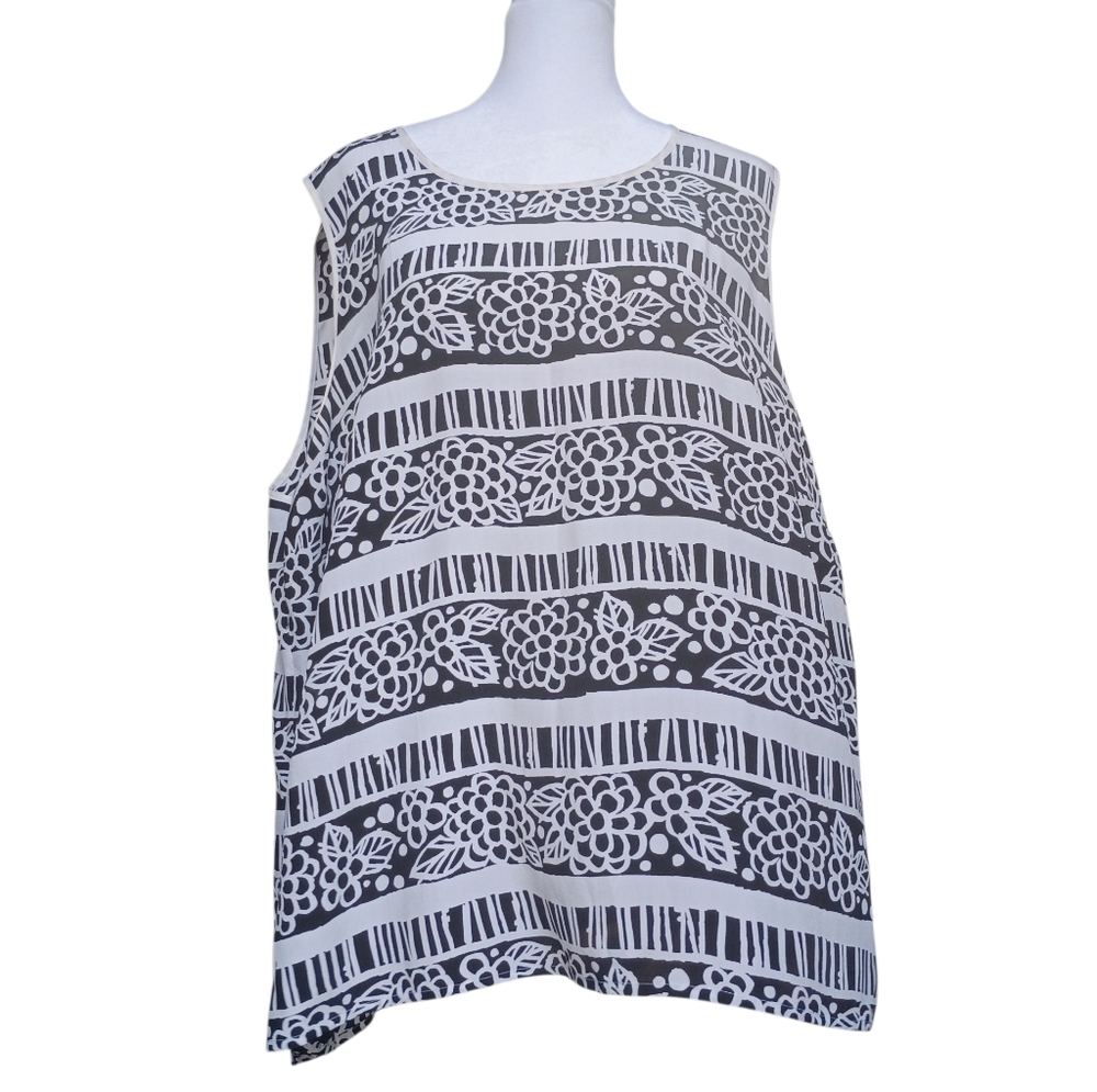 Bob Mackie Silk Black White Floral Striped Sleeveless Blouse Size 2XL